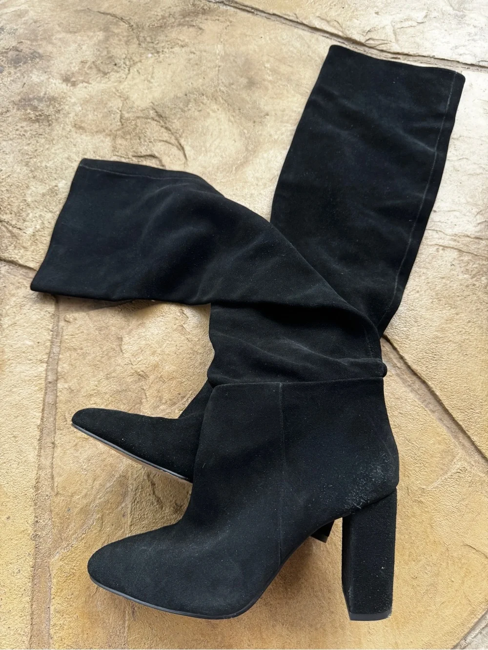 Zara Black Suede Knee High Boots EU 38 US 7.5 Block Heel Tall Boots